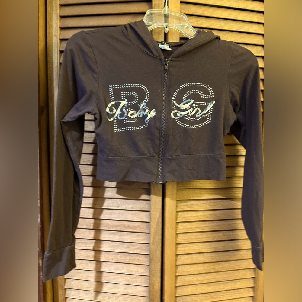 Diva baby girl woman’s junior M zip-up crop top brown with silver sequins.